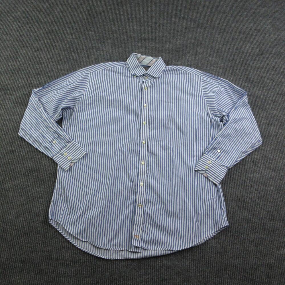 Thomas Dean Dress Shirt Mens 2XL Blue Striped Long Sleeve Point Collar